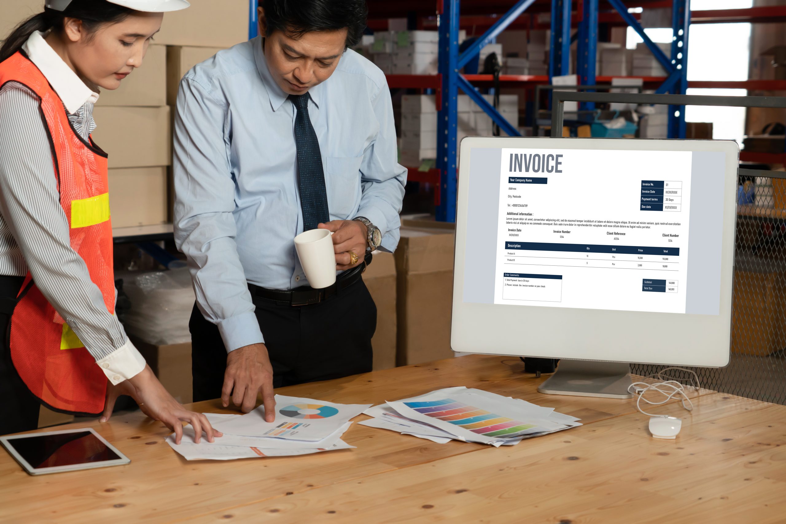 Warehouse manager and logistics worker reviewing invoice paperwork at a desk, with an invoice displayed on a computer screen